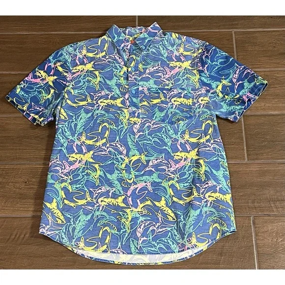Chubbies Men's Shirt M 1/4 Button Shark Print Beach Surf Stretch Short Sleeve - Picture 1 of 5